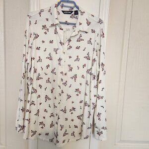 Lands' End, Off White Office Shirt, soft, blue brown floral, sleeve fold, 1XL